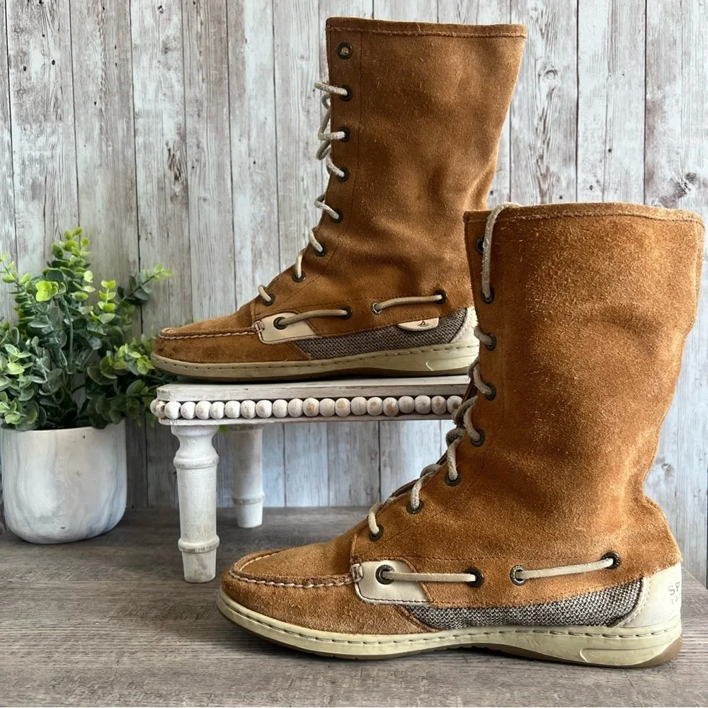 Sperry Ladyfish Fold Over Tan Suede Winter Boots Womens 8
